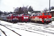 1990-79-011 Winterberg Wintersport-Sonderzüge in Winterberg. V.l.n.r.: 218 136, 215 031, 218 137
