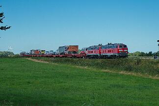 2025-08-18-091 Emmelsbüll Lehnshallig 218 832 (vorne) und 218 366 ziehen einen Autozug nach Niebüll.