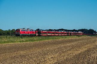 2025-08-18-130 Niebüll Südergotteskogweg 218 366 (vorne) und 218 832 mit Autozug nach Westerland.