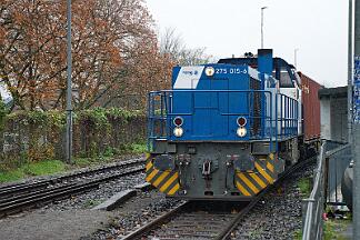 2025-11-15-004 Duisburg Rheinhausen Ost 275 015 zieht einen Containerzug ins Duisport-Terminal.